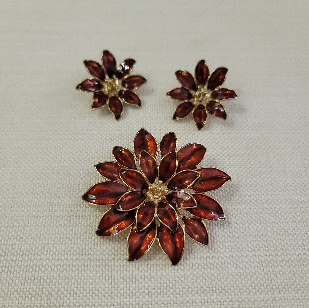 Vintage Tc Poinsettia Earrings & Pin